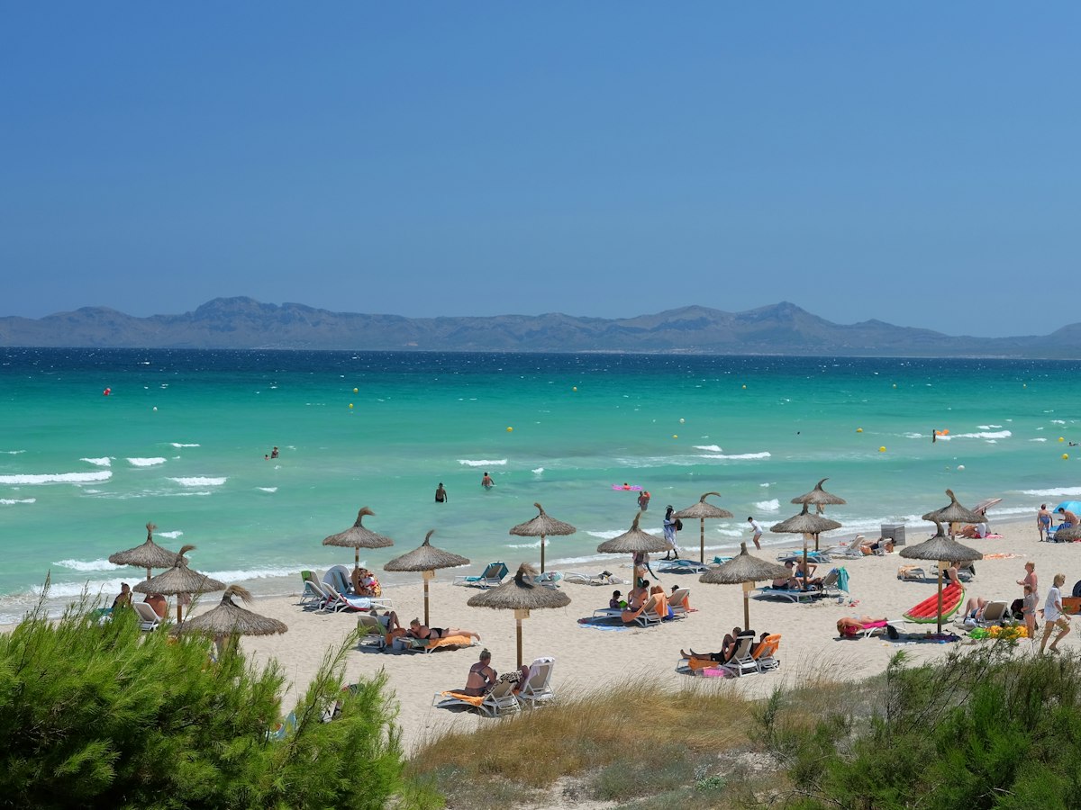 Sandstrand mit Sonnenschirmen und türkisfarbenem Meer an der Playa de Muro auf Mallorca