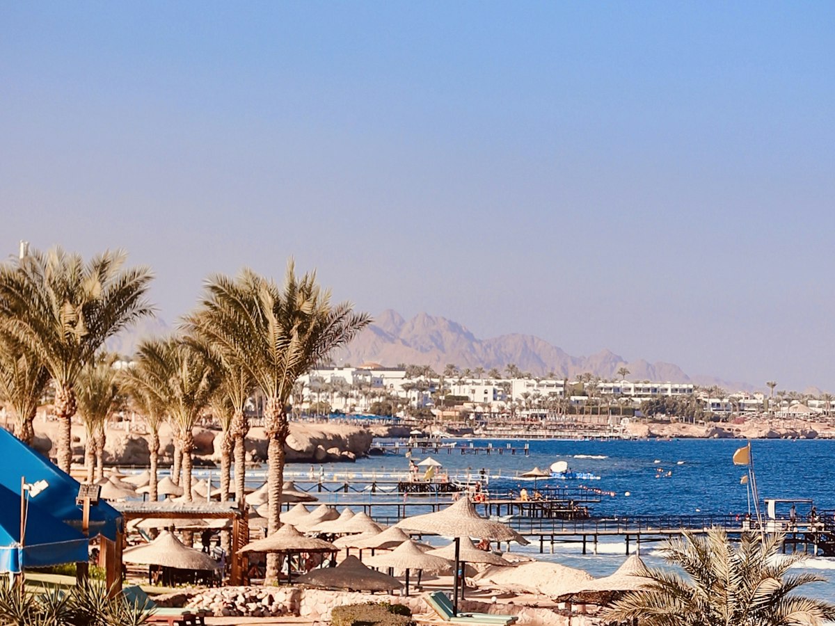 Strand mit Palmen und Sonnenschirmen in Sharm el-Sheikh, dahinter Berge